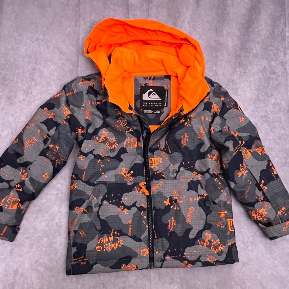 Quiksilver Snow Jacket Kids 4-5 Grey Orange Camo Excellent DryFlight 10K Grow